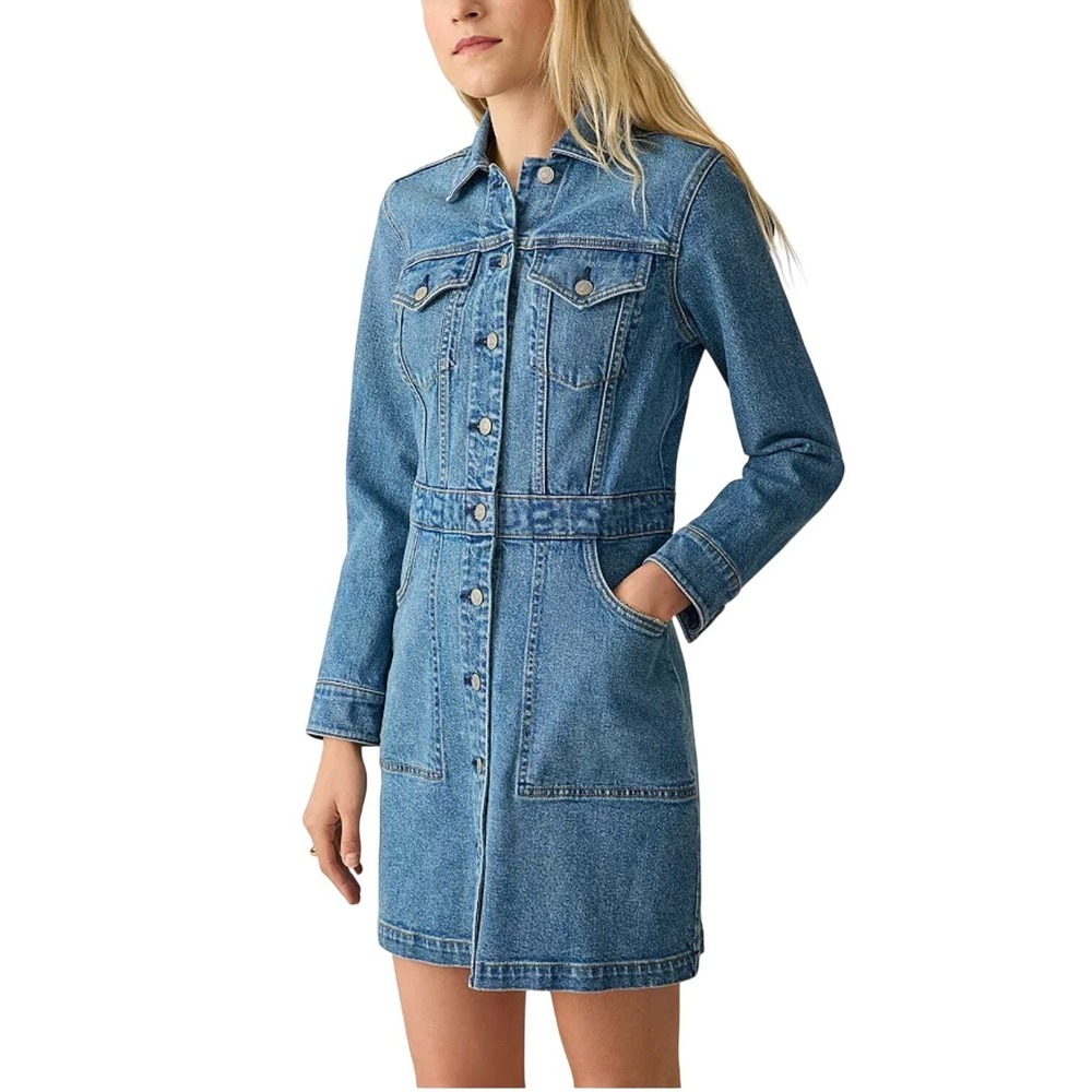 Faherty Michelle Denim Shirt Dress Organic Cotton Button Mini Western Cowgirl 12